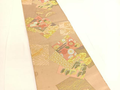 平和屋着物◎六通柄袋帯 唐織 色紙重ね立波花文 金糸 正絹 逸品 BAAV9758hv