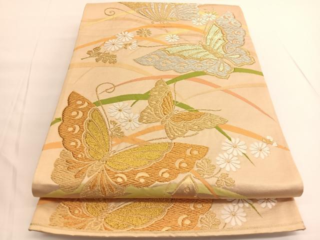 平和屋着物◎六通柄袋帯 唐織 芝草花蝶文 金銀糸 正絹 逸品 BAAV9759hv