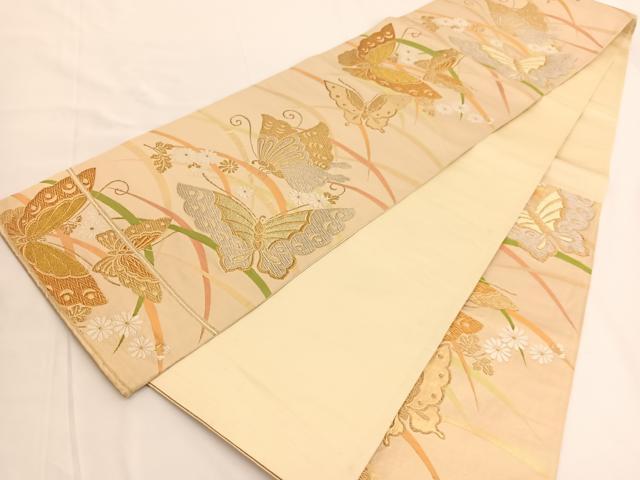 平和屋着物◎六通柄袋帯 唐織 芝草花蝶文 金銀糸 正絹 逸品 BAAV9759hv