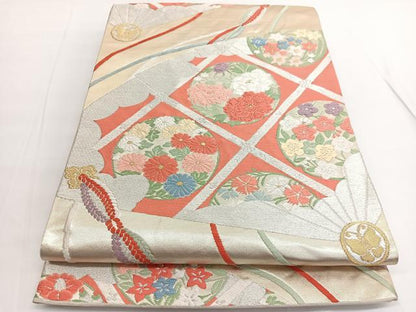 平和屋着物◎六通柄袋帯 唐織 扇面菱天井花丸文 金銀糸 正絹 逸品 BAAV9767hv
