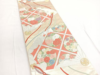 平和屋着物◎六通柄袋帯 唐織 扇面菱天井花丸文 金銀糸 正絹 逸品 BAAV9767hv