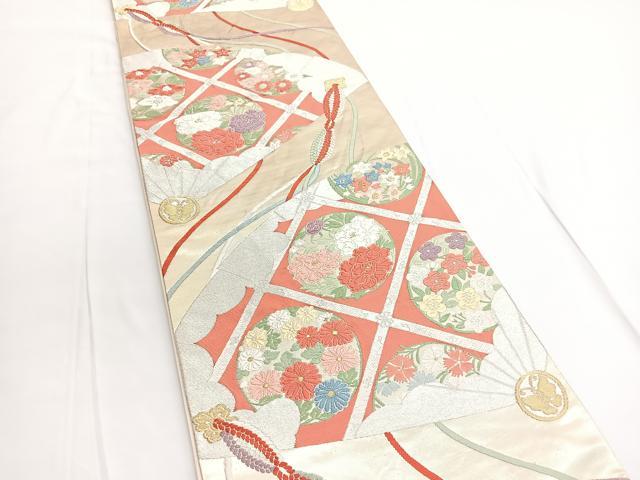 平和屋着物◎六通柄袋帯 唐織 扇面菱天井花丸文 金銀糸 正絹 逸品 BAAV9767hv