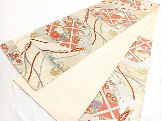 平和屋着物◎六通柄袋帯 唐織 扇面菱天井花丸文 金銀糸 正絹 逸品 BAAV9767hv