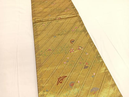 平和屋着物◎六通柄袋帯 唐織 花蝶文 金糸 正絹 逸品 BAAV9768hv