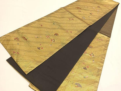 平和屋着物◎六通柄袋帯 唐織 花蝶文 金糸 正絹 逸品 BAAV9768hv