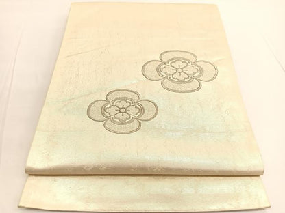 平和屋着物◎太鼓柄袋帯 総刺繍 草花文 銀糸 引箔 正絹 逸品 BAAV9772hv