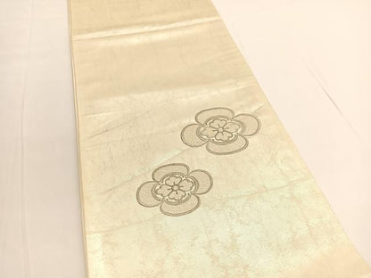 平和屋着物◎太鼓柄袋帯 総刺繍 草花文 銀糸 引箔 正絹 逸品 BAAV9772hv