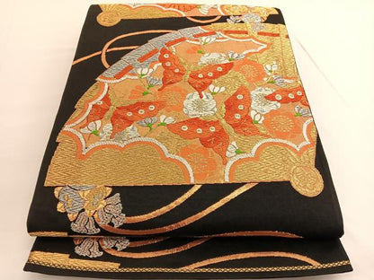 平和屋着物◎六通柄袋帯 唐織 檜扇花蝶文 黒地 金銀糸 正絹 逸品 BAAV9777hv