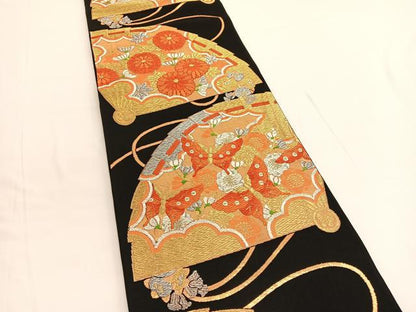平和屋着物◎六通柄袋帯 唐織 檜扇花蝶文 黒地 金銀糸 正絹 逸品 BAAV9777hv