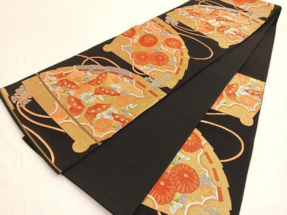 平和屋着物◎六通柄袋帯 唐織 檜扇花蝶文 黒地 金銀糸 正絹 逸品 BAAV9777hv