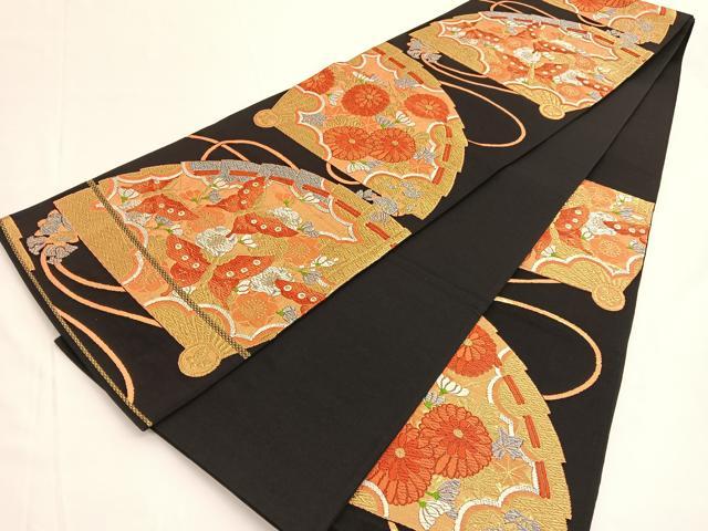 平和屋着物◎六通柄袋帯 唐織 檜扇花蝶文 黒地 金銀糸 正絹 逸品 BAAV9777hv