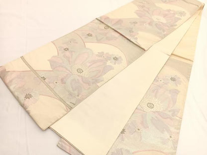 平和屋着物◎六通柄袋帯 草花文 銀糸 正絹 逸品 BAAV9783hv