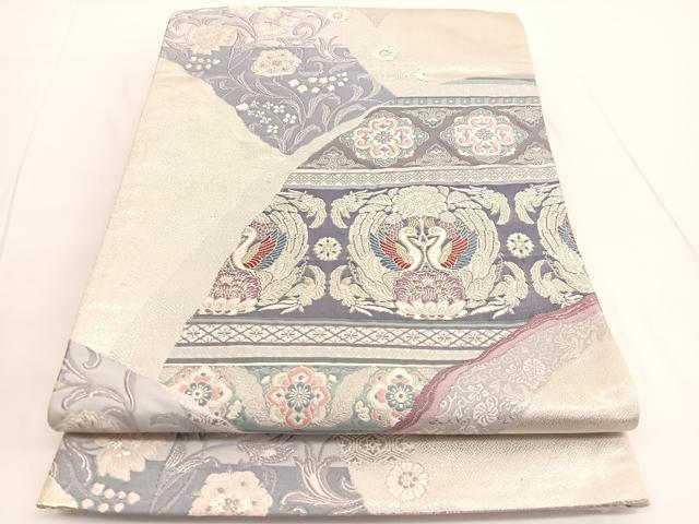 平和屋着物◎六通柄袋帯 唐織 孔雀更紗文 銀糸 正絹 逸品 BAAV9784hv