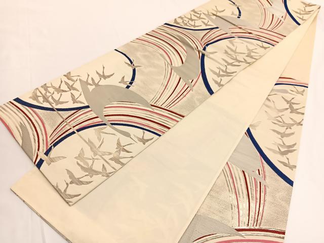 平和屋着物◎六通柄袋帯 唐織 つづれ錦 飛鶴文 銀糸 正絹 逸品 BAAV9790hv