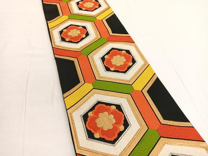 平和屋着物◎六通柄袋帯 唐織 亀甲花文 黒地 金銀糸 正絹 逸品 BAAV9792hv