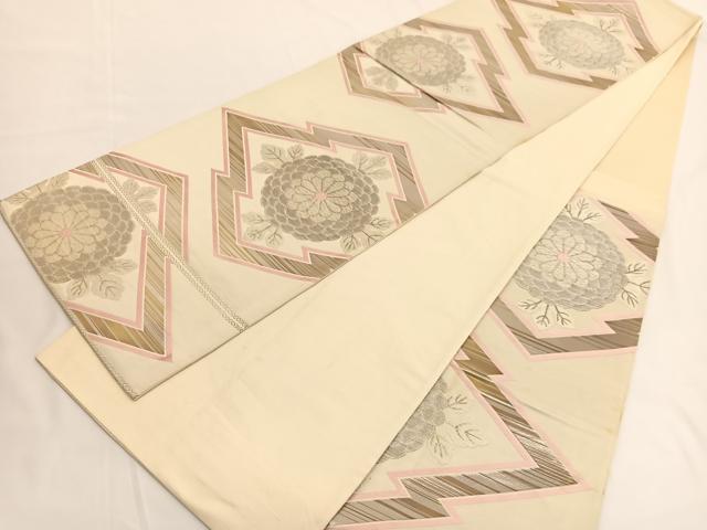 平和屋着物◎六通柄袋帯 唐織 松皮菱菊文 銀糸 正絹 逸品 BAAV9796hv