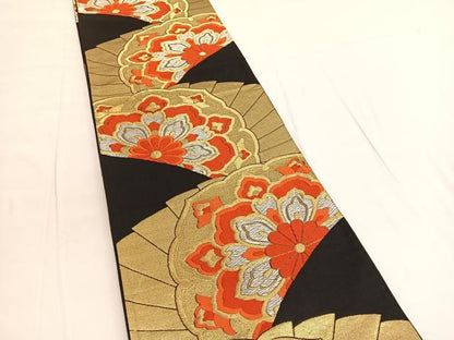 平和屋着物◎六通柄袋帯 唐織 檜扇宝相華 黒地 金銀糸 正絹 逸品 BAAV9800hv