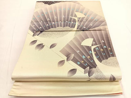 平和屋着物◎太鼓柄袋帯　手描き　孔雀　引箔　正絹　逸品　BAAV9821hv