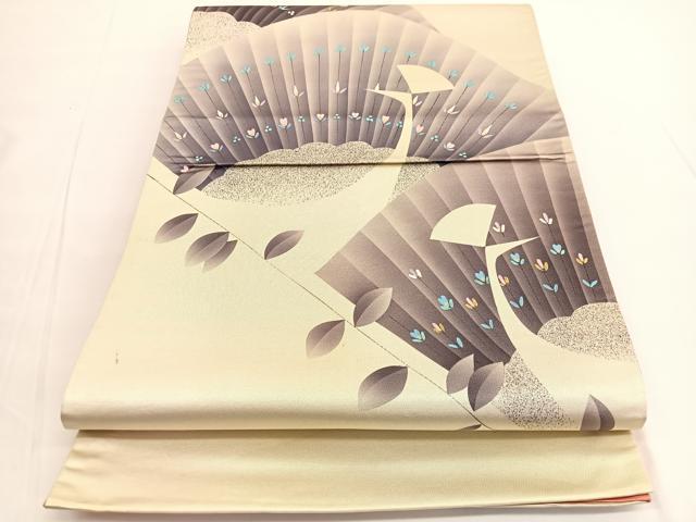 平和屋着物◎太鼓柄袋帯　手描き　孔雀　引箔　正絹　逸品　BAAV9821hv