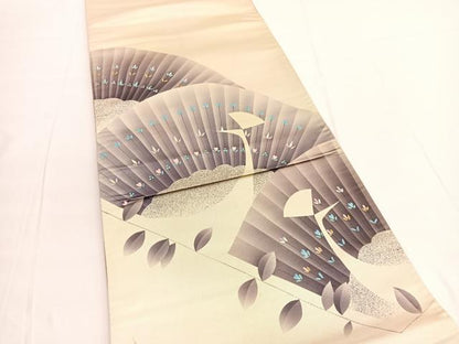 平和屋着物◎太鼓柄袋帯　手描き　孔雀　引箔　正絹　逸品　BAAV9821hv