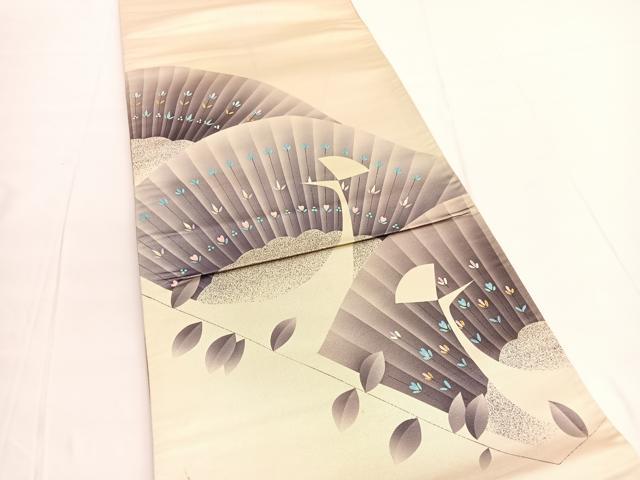 平和屋着物◎太鼓柄袋帯　手描き　孔雀　引箔　正絹　逸品　BAAV9821hv