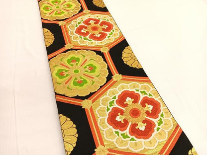 平和屋着物◎六通柄袋帯　唐織　亀甲花文　黒地　金糸　正絹　逸品　BAAV9822hv