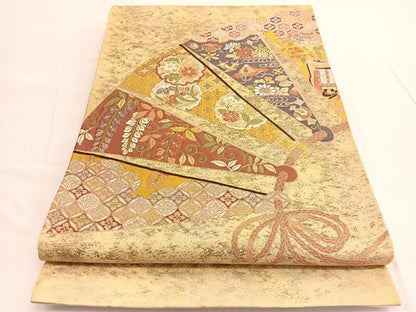 平和屋着物◎六通柄袋帯 唐織 扇面宝尽くし花文 金糸 正絹 逸品 BAAV9830hv
