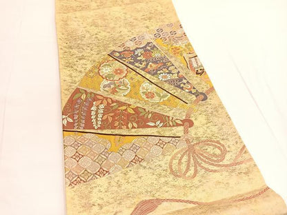 平和屋着物◎六通柄袋帯 唐織 扇面宝尽くし花文 金糸 正絹 逸品 BAAV9830hv