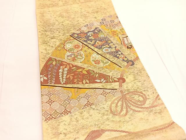 平和屋着物◎六通柄袋帯 唐織 扇面宝尽くし花文 金糸 正絹 逸品 BAAV9830hv