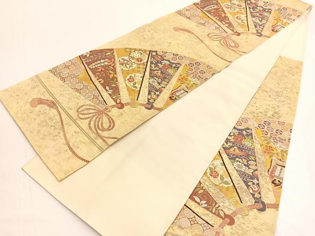 平和屋着物◎六通柄袋帯 唐織 扇面宝尽くし花文 金糸 正絹 逸品 BAAV9830hv