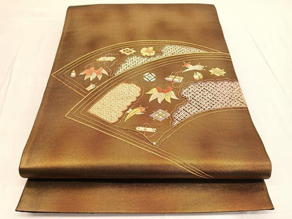 平和屋着物◎太鼓柄袋帯 絞り 駒刺繍 地紙宝尽くし 金糸 引箔 正絹 逸品 BAAV9837hv