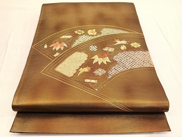 平和屋着物◎太鼓柄袋帯 絞り 駒刺繍 地紙宝尽くし 金糸 引箔 正絹 逸品 BAAV9837hv