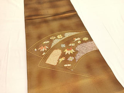 平和屋着物◎太鼓柄袋帯 絞り 駒刺繍 地紙宝尽くし 金糸 引箔 正絹 逸品 BAAV9837hv