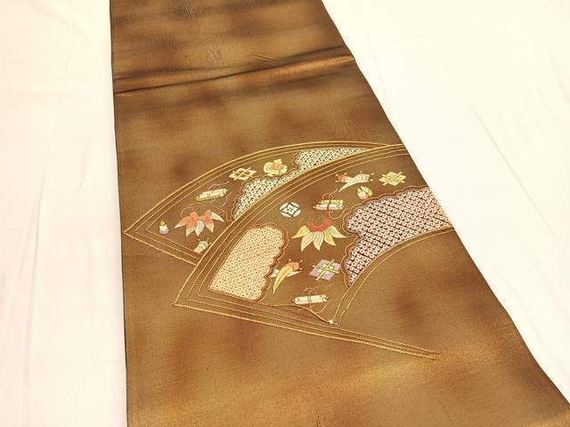 平和屋着物◎太鼓柄袋帯 絞り 駒刺繍 地紙宝尽くし 金糸 引箔 正絹 逸品 BAAV9837hv