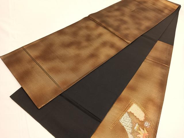 平和屋着物◎太鼓柄袋帯 絞り 駒刺繍 地紙宝尽くし 金糸 引箔 正絹 逸品 BAAV9837hv