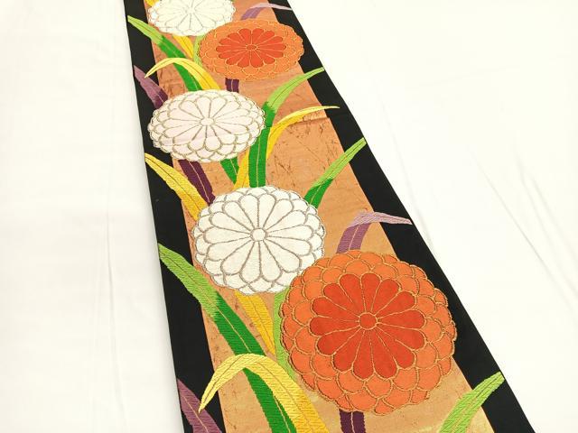 平和屋着物◎六通柄袋帯　唐織　菊　黒地　金銀糸　正絹　逸品　BAAV9840hv