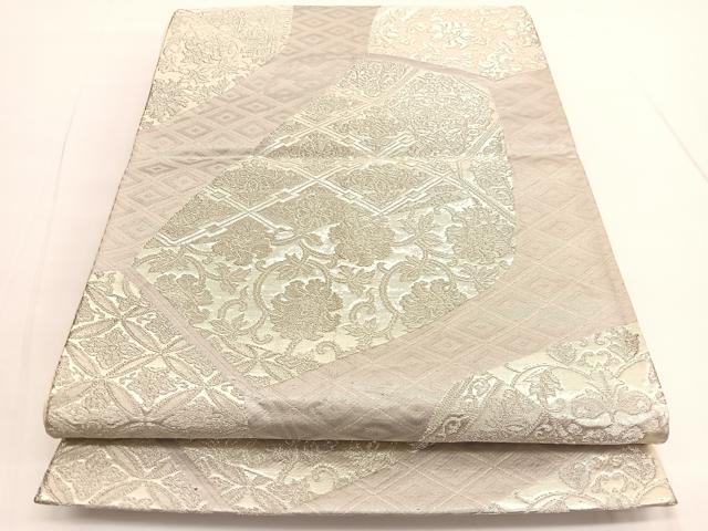 平和屋着物◎六通柄袋帯　菱天井更紗花文　銀糸　正絹　逸品　BAAV9843hv