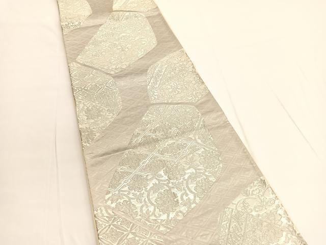 平和屋着物◎六通柄袋帯　菱天井更紗花文　銀糸　正絹　逸品　BAAV9843hv
