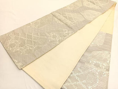 平和屋着物◎六通柄袋帯　菱天井更紗花文　銀糸　正絹　逸品　BAAV9843hv