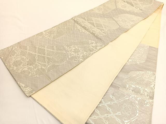 平和屋着物◎六通柄袋帯　菱天井更紗花文　銀糸　正絹　逸品　BAAV9843hv
