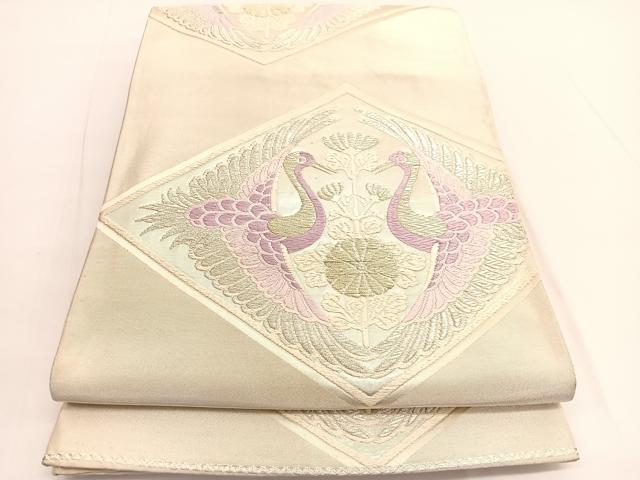 平和屋着物◎六通柄袋帯　唐織　双鶴文　銀糸　正絹　逸品　BAAV9846hv