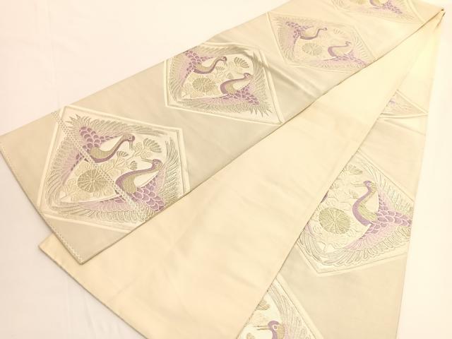 平和屋着物◎六通柄袋帯　唐織　双鶴文　銀糸　正絹　逸品　BAAV9846hv