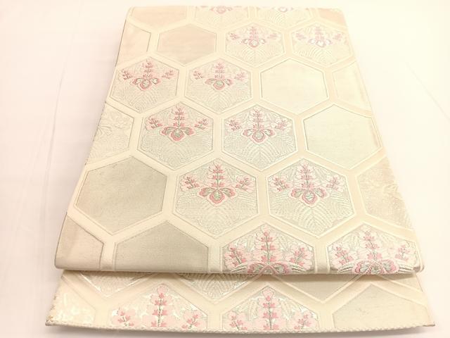 平和屋着物◎六通柄袋帯　唐織　亀甲桐文　銀糸　正絹　逸品　BAAV9849hv