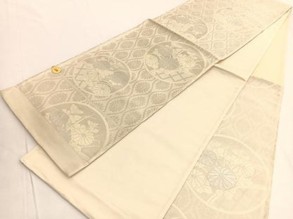 平和屋着物◎西陣　六通柄袋帯　籬菊丸文　銀糸　証紙付き　正絹　逸品　未使用　BAAV9852hv