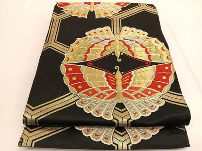 平和屋着物◎六通柄袋帯　唐織　真珠　向かい蝶　黒地　金銀糸　正絹　逸品　BAAV9854hv