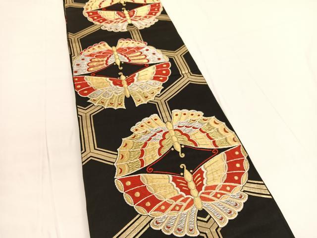 平和屋着物◎六通柄袋帯　唐織　真珠　向かい蝶　黒地　金銀糸　正絹　逸品　BAAV9854hv