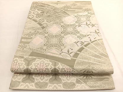 平和屋着物◎六通柄袋帯　唐織　扇面蜀甲詰文　プラチナ箔　正絹　逸品　BAAV9855hv