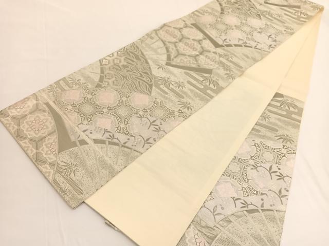 平和屋着物◎六通柄袋帯　唐織　扇面蜀甲詰文　プラチナ箔　正絹　逸品　BAAV9855hv