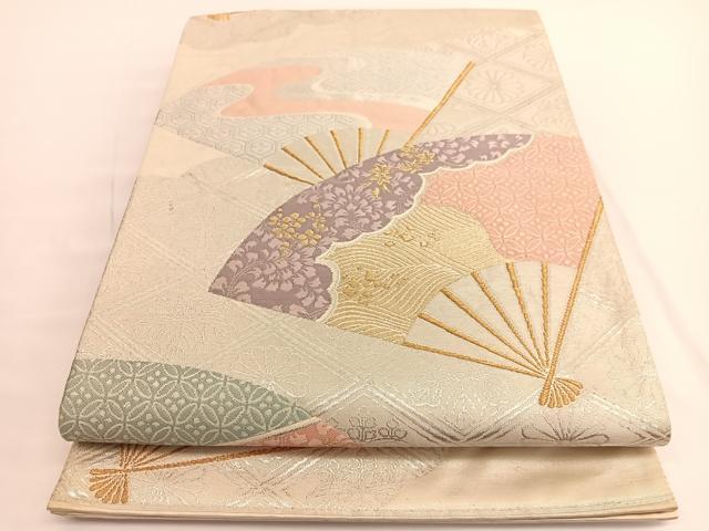 平和屋着物◎六通柄袋帯　唐織　扇面有職文様　金銀糸　引箔　正絹　逸品　BAAV9857hv
