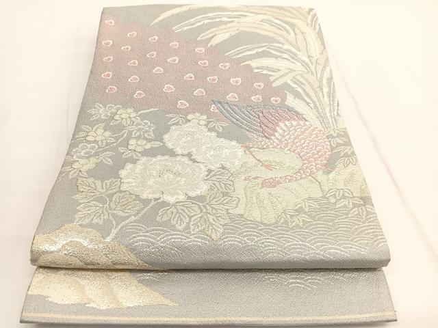 平和屋着物◎太鼓柄袋帯　唐織　孔雀花文　金銀糸　正絹　逸品　BAAV9863hv